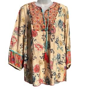JOHN MARK Women Sz M Multicolor Floral Embroidered Boho Artsy Tassel Blouse Top.